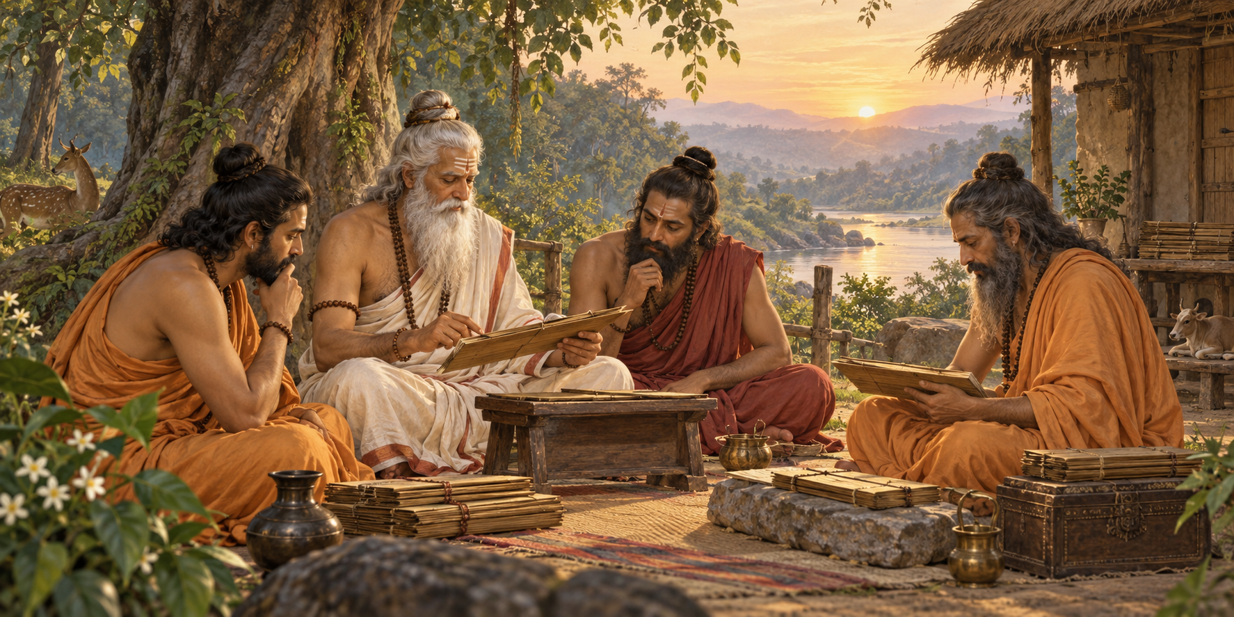 Artistic representation of anonymous Vedic rishis studying palm-leaf manuscripts in an ashram